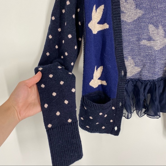 Anthropologie Leifnotes Blue Ruffled Flight Bird Button Front Sweater Cardigan - Picture 4 of 8